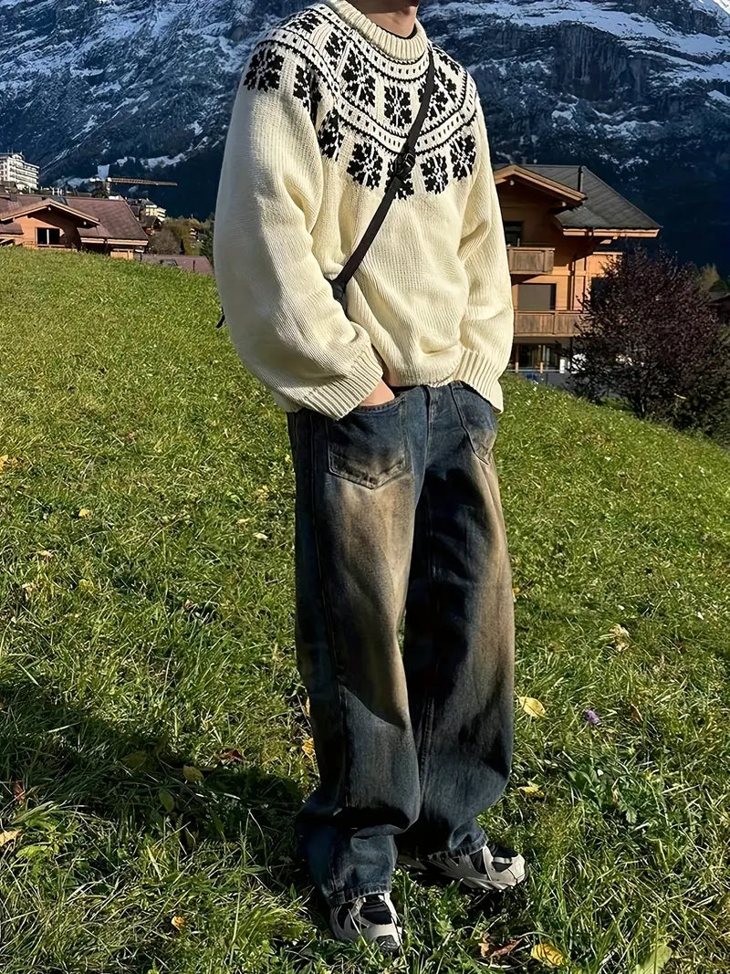 L Męski Sweter - Beżowo-Czarny